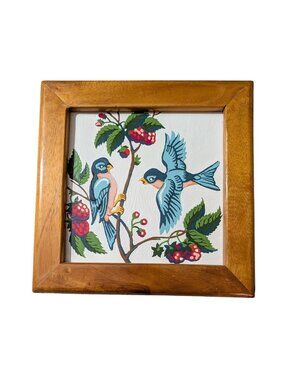Vintage Paint by Number Bluebird Wall Art Wooden Frame Retro Birds Berries Folk